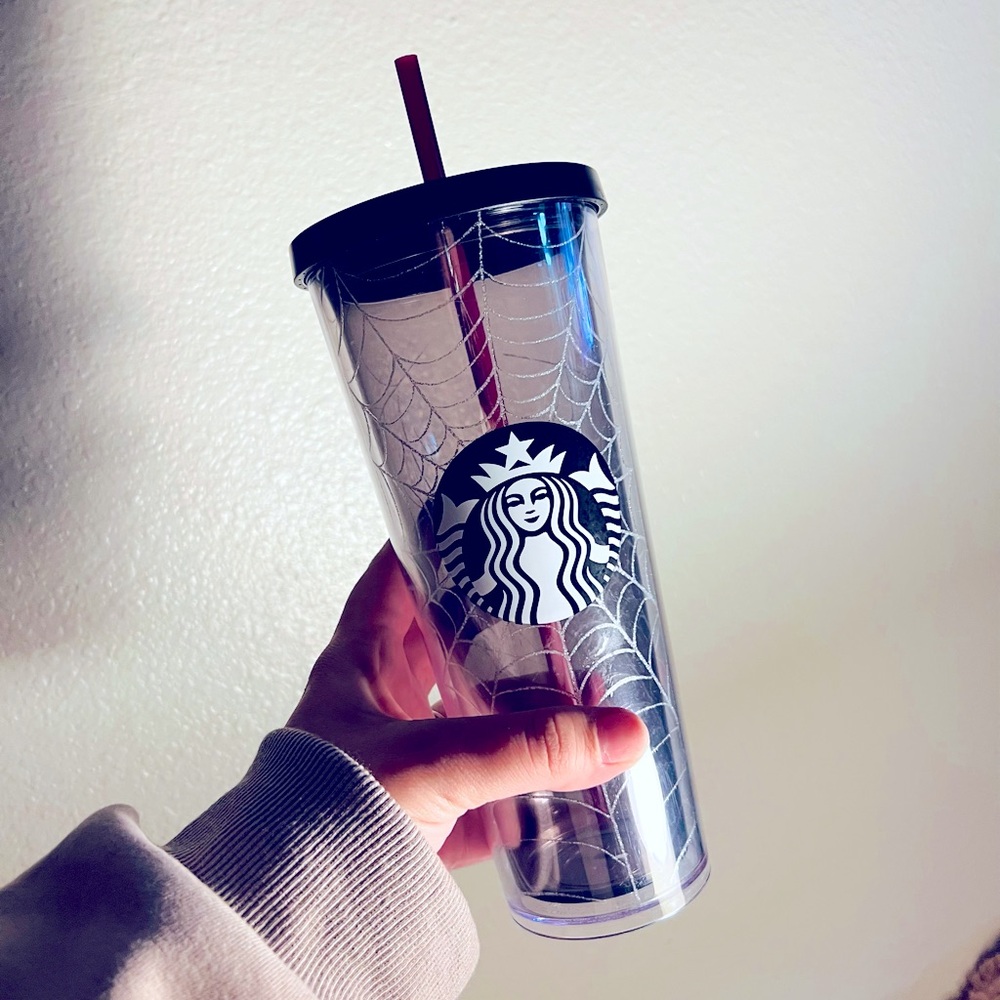 2019 Halloween Starbucks Tumbler with Glitter Spiderwebs and pink straw